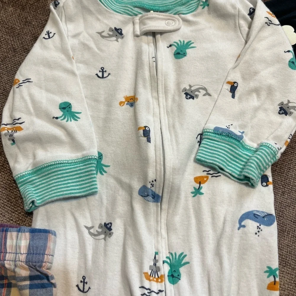 9 Month Baby Bundle: Plaid Shorts, Skeleton Onesie and Sea Life One Piece Set
